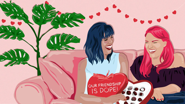 The picture shows a drawing of two women on Valentine's day. They are sitting on a couch laughing to each other as they share a box of heart chocolates.  