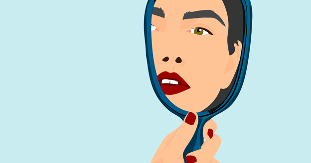 The picture shows an animation of a middle-aged woman looking into a hand mirror as if she's inspecting her self. You can only see her face in the mirror she's holding.