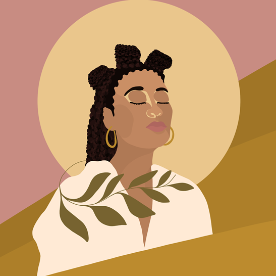 This is a drawing of a black woman standing in front of the sun. She is wearing gold hoop earrings, braids, and bantu knots. Her head is titled upwards as she faces the wind.