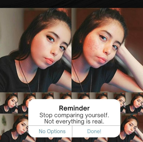 Nikole rest her head on her hand and her shoulder on her knee calmly. She looks at us through the corner of her eyes, and smiles enigmatically. The picture says reminder: stop comparing yourself. Not everything is real.