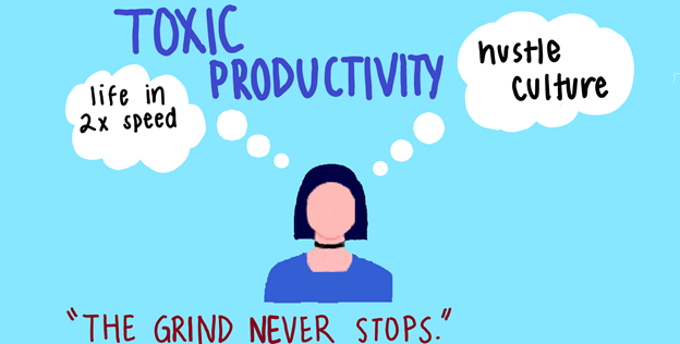 This is an infographic that describes toxic productivity. It is drawing that shows thought bubbles coming from a woman's' head. They say "life in 2 times normal speed," "hustle culture," and "the grind never stops."